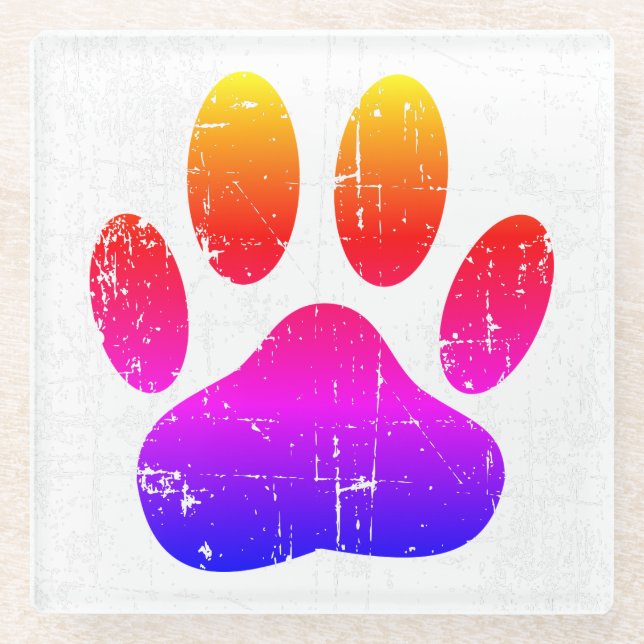 Distressed Colourful Dog Pawprint Glass Coaster (Front)
