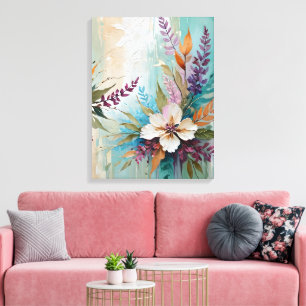 Distressed Colourful Floral on Blue Beige White Canvas Print