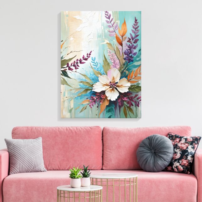 Distressed Colourful Floral on Blue Beige White Canvas Print (Insitu(LivingRoom))