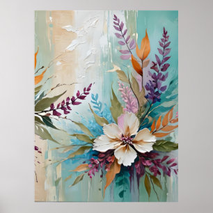 Distressed Colourful Floral on Blue Beige White Poster