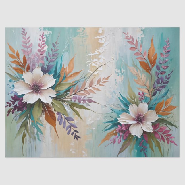 Distressed Colourful Floral on Blue Beige White Tissue Paper (Front)