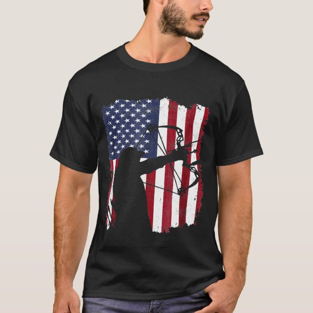 Distressed Compound Bow Archer  American Flag T-Shirt (Front)