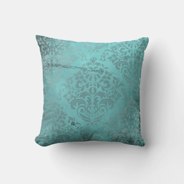 Distressed Damask Aqua Throw Pillow (Front)