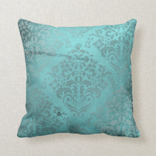 Distressed Damask Aqua Throw Pillow
