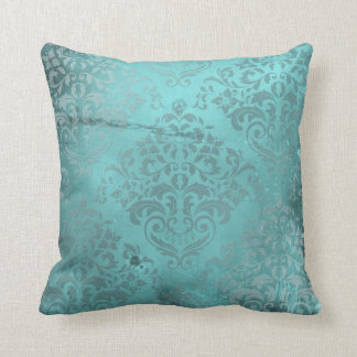 Distressed Damask Aqua Throw Pillow