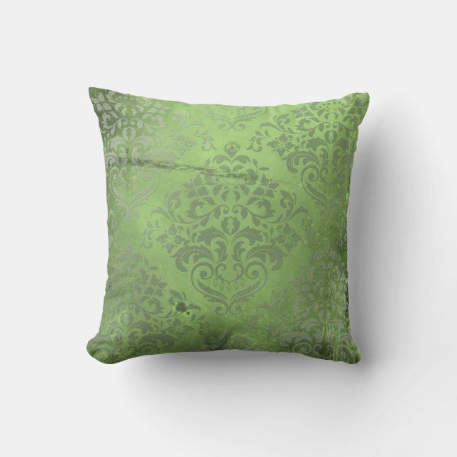 Distressed Damask Green Throw Pillow (Front)