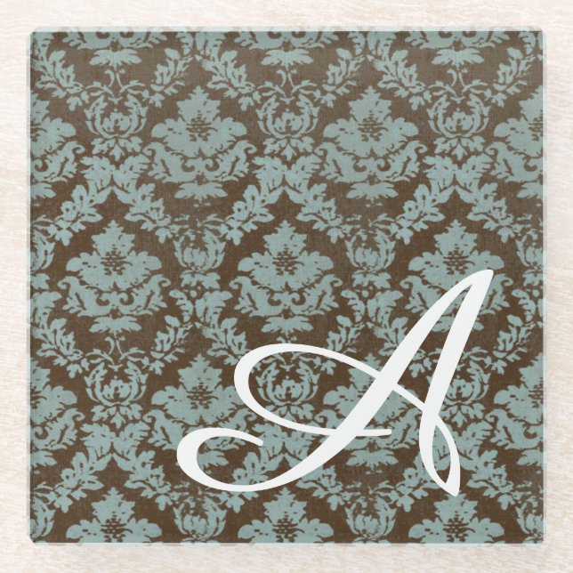Distressed Damask Personalized Glass Coaster (Front)