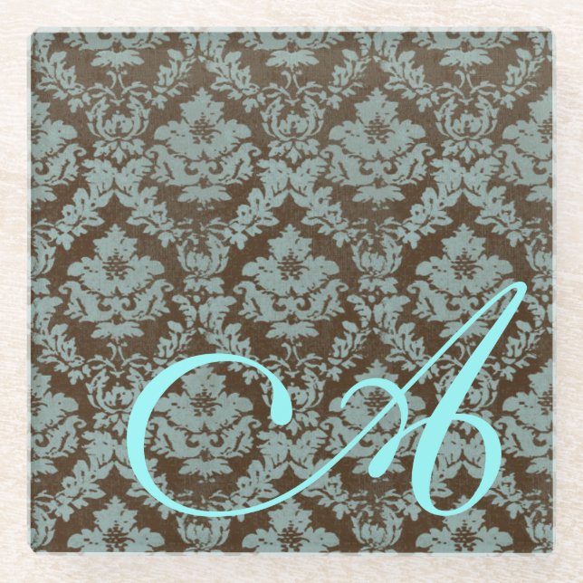 Distressed Damask Personalized Glass Coaster (Front)