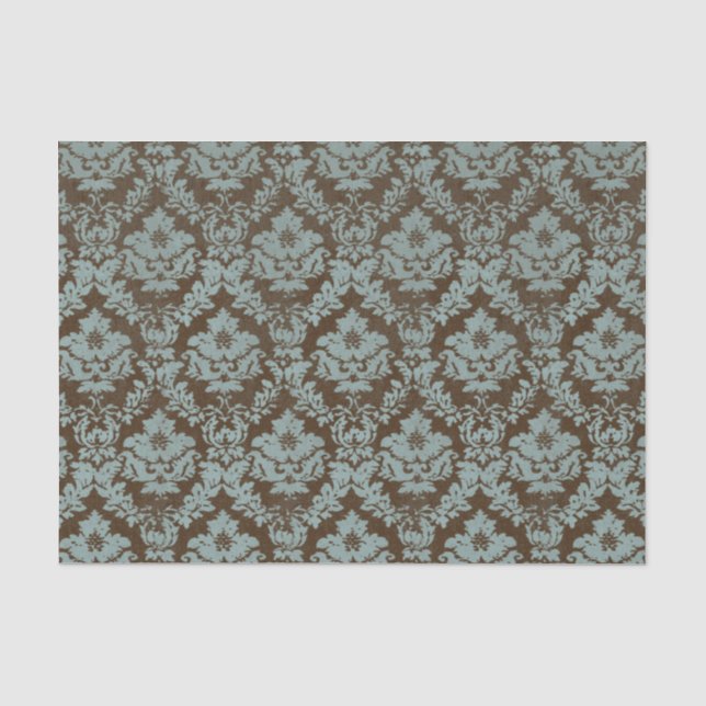 Distressed Damask Teal on Brown Floral Tissue Paper (Front)