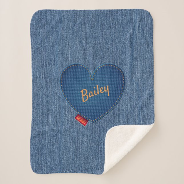 Distressed Denim Pattern Gold Personalized Heart Sherpa Blanket (Front)