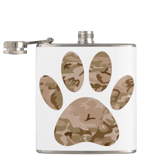 Distressed Desert Camo Dog Paw Print Hip Flask (Opened)