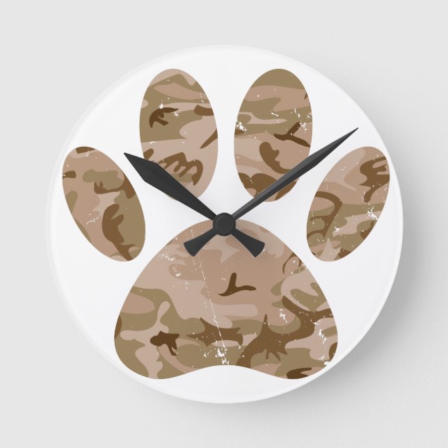 Distressed Desert Camo Dog Paw Print Round Clock (Front)