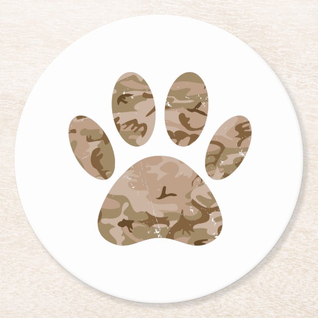Distressed Desert Camo Dog Paw Print Round Paper Coaster (Front)