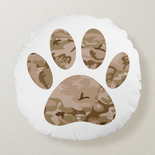 Distressed Desert Camo Dog Paw Print Round Pillow (Front)