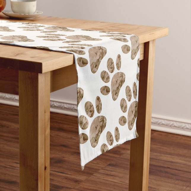 Distressed Desert Camo Dog Paw Print Short Table Runner (In Situ)