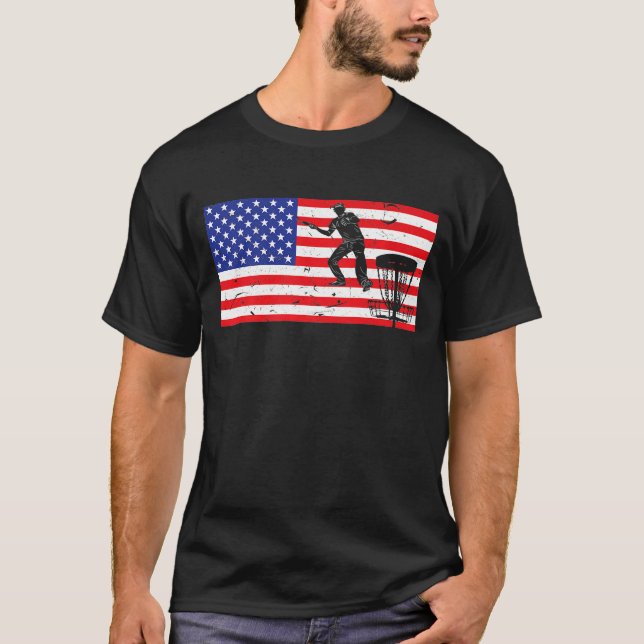 Distressed Disc Golf Player Usa American Flag Vint T-Shirt (Front)