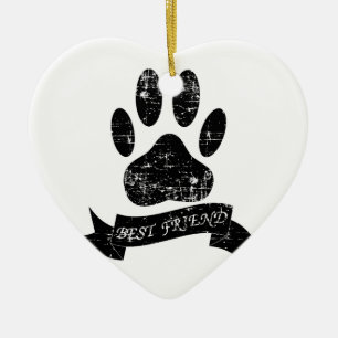 Distressed Dog Paw With Ribbon Ceramic Ornament