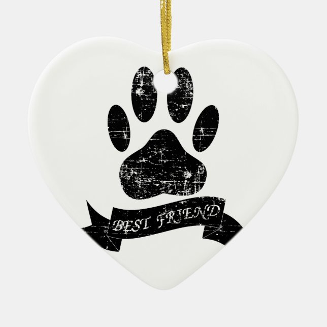 Distressed Dog Paw With Ribbon Ceramic Ornament (Front)