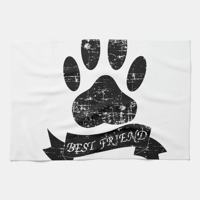 Distressed Dog Paw With Ribbon Kitchen Towel (Horizontal)