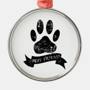 Distressed Dog Paw With Ribbon Metal Ornament