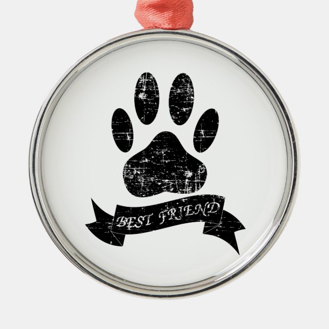 Distressed Dog Paw With Ribbon Metal Ornament (Front)