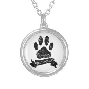 Distressed Dog Paw With Ribbon Silver Plated Necklace