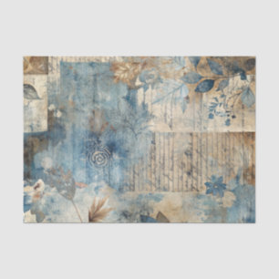 Distressed Ephemera Collage in Blue and Beige Tissue Paper