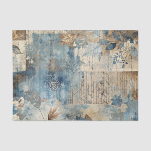 Distressed Ephemera Collage in Blue and Beige Tissue Paper (Front)
