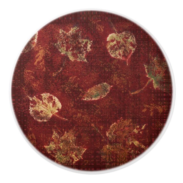 Distressed Fall Leaves Dark red Golden Yellow Ceramic Knob (Front)
