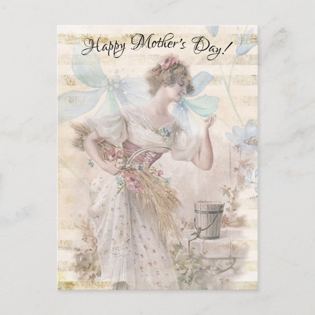 Distressed Fantasy Woman Gathering Flowers Grain Postcard (Front)