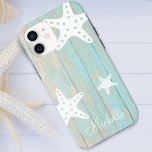 Distressed Faux Beach Wood Starfish Personalized Case-Mate iPhone Case<br><div class="desc">Distressed tropical beach blue faux wood with three white graphic starfish and personalized phone case.</div>