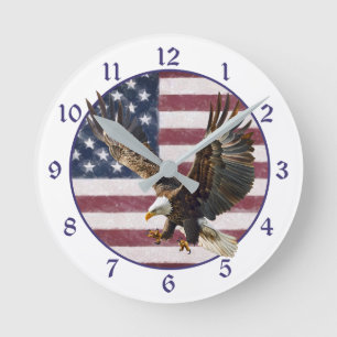Distressed Flag Eagle Landing Round Clock