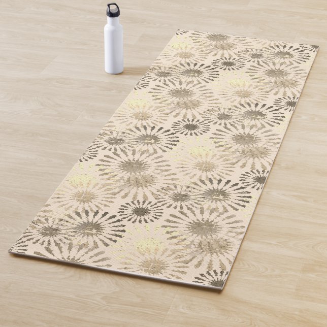 Distressed Floral Burst Beige Abstract Art Yoga Mat (In Situ)