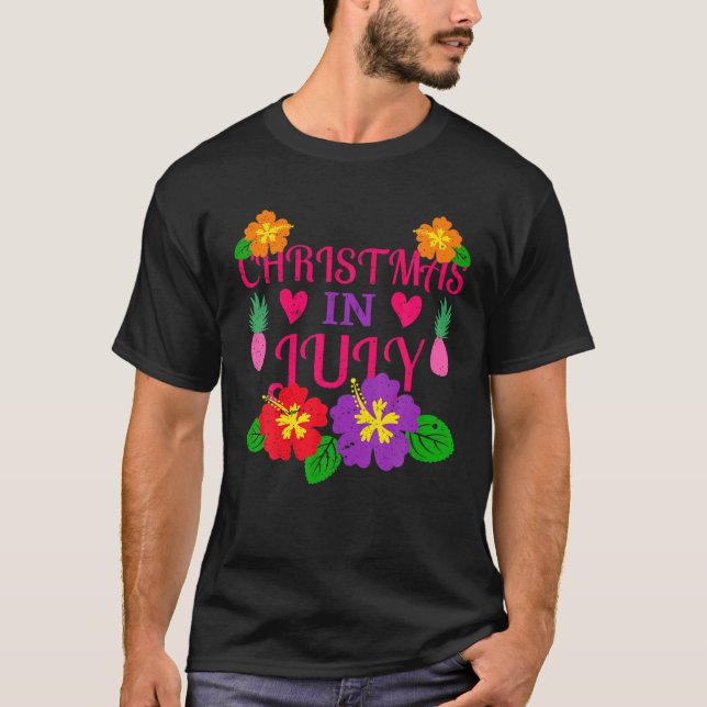 Distressed Flowers And Pineapples Christmas In Jul T-Shirt (Front)