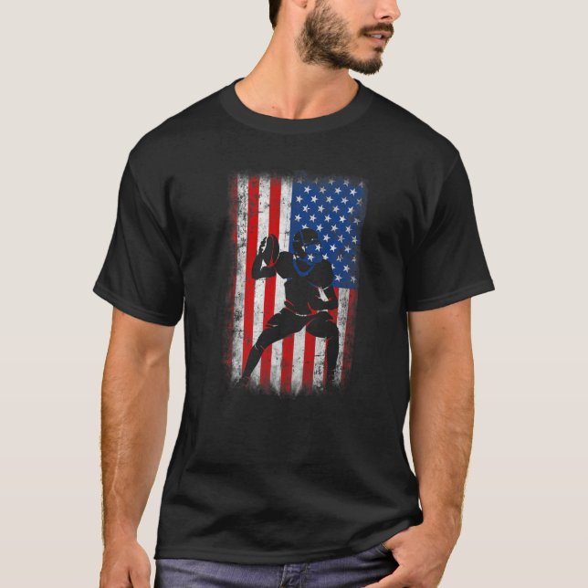 Distressed Football Lineman American Flag USA Patr T-Shirt (Front)