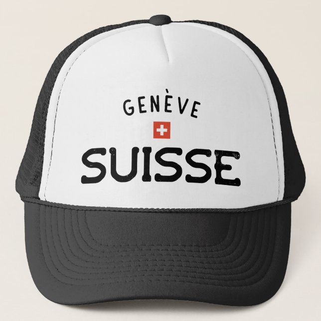 Distressed Geneve Suisse (Geneva Switzerland) Trucker Hat (Front)