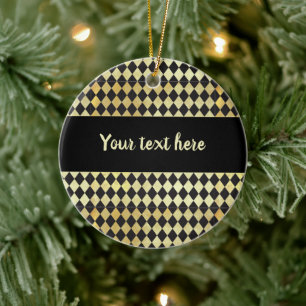 Distressed Gold and Black Vintage Harlequin Ceramic Ornament