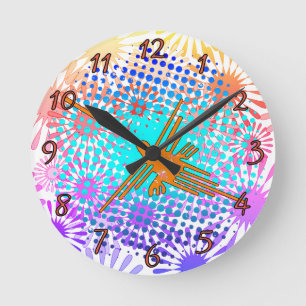 Distressed Golden Nazca Lines Hummingbird Round Clock