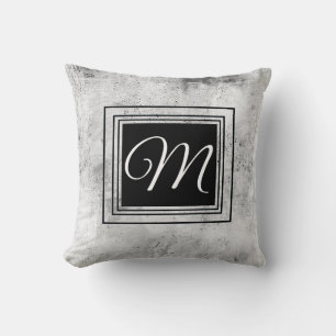 distressed grey white black bold monogram custom   throw pillow
