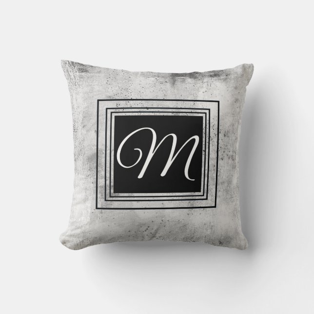 distressed grey white black bold monogram custom   throw pillow (Front)
