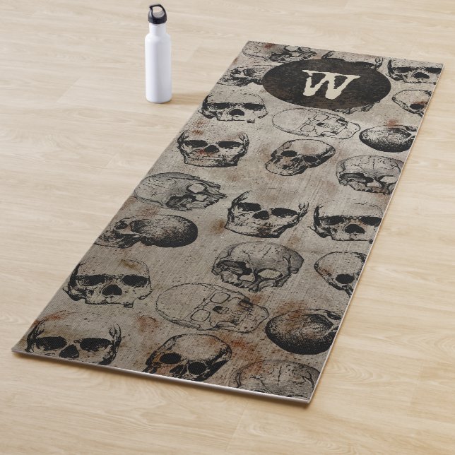 Distressed Halloween Vintage Skulls Monogram Yoga Mat (In Situ)