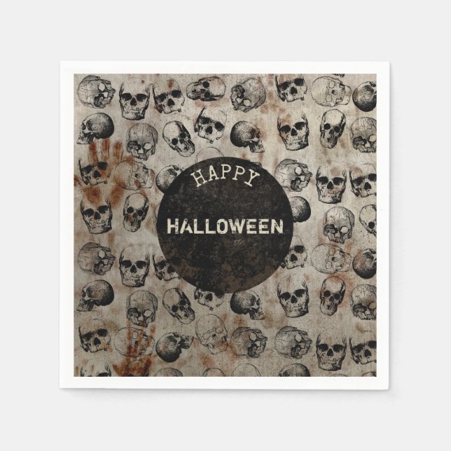 Distressed Happy Halloween Party Vintage Skulls Napkin (Front)