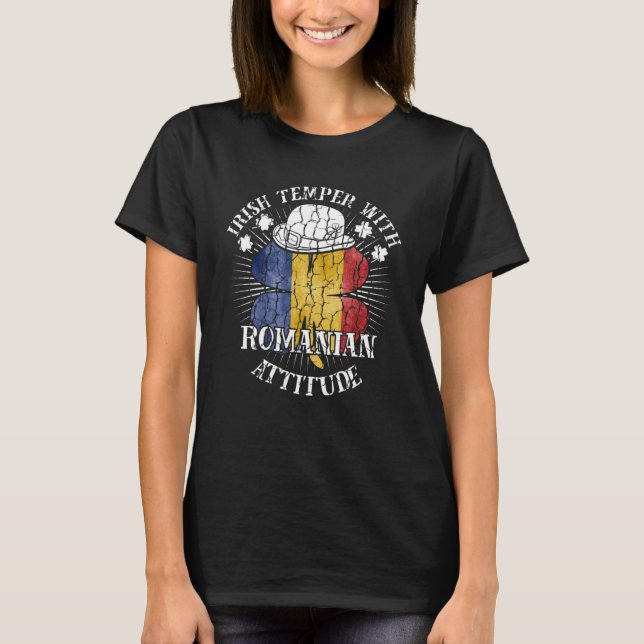 Distressed Irish Romanian Attitude Patriotic Shamr T-Shirt (Front)