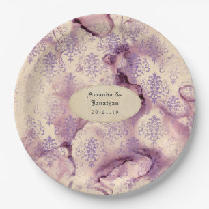 Distressed Lavender Damask Wedding Paper Plate