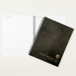 Distressed Leather Gold Monogram Appointment Book Planner<br><div class="desc">Minimal Modern Luxury Brushed Metallic Gold Monogram Medallion Name Title Custom Text Classic Block Typography Distressed Leather Texture Background Black Chestnut Brown Appointment Book Planner</div>