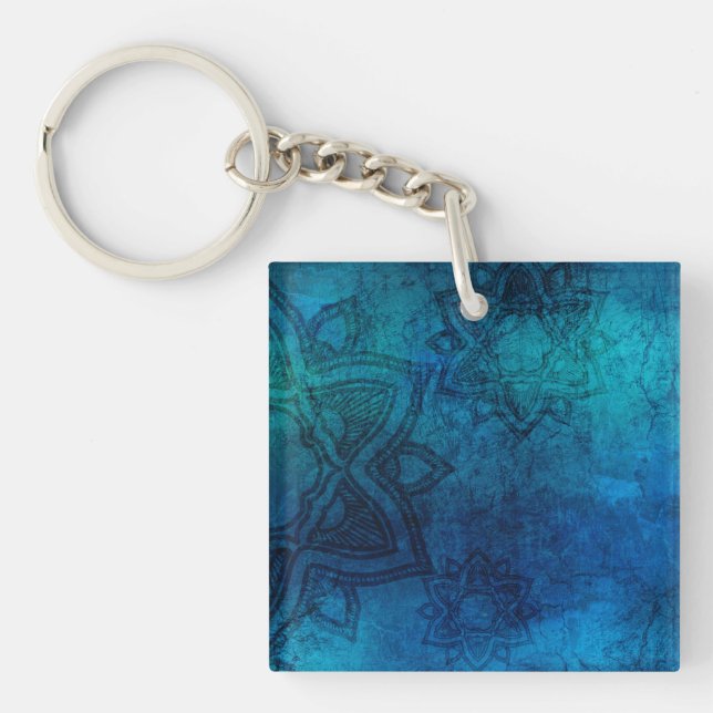 Distressed Light Blue Mandala Pattern Keychain (Front)