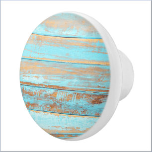 Distressed Look Blue Painted Wood Ceramic Knob