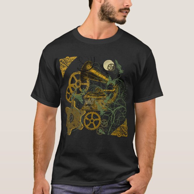 Distressed Look Steampunk Design T-Shirt (Front)