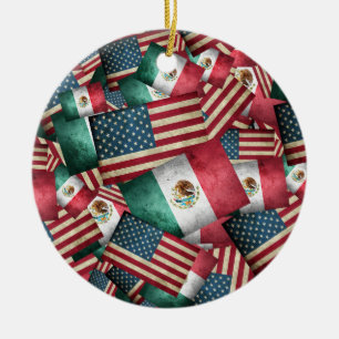 Distressed Mexican/American Flags  - US & Mexican Ceramic Ornament
