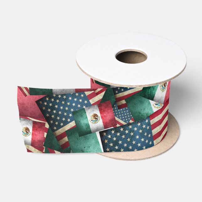 Distressed Mexican/American Flags  - US & Mexican Satin Ribbon (Spool)